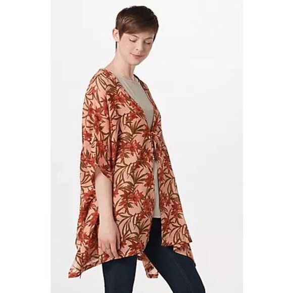 Denim&Co Other - Denim & Co Womens Size 2X/3X Tie Front Beach Cover Up Red Pink/Rose Floral Print